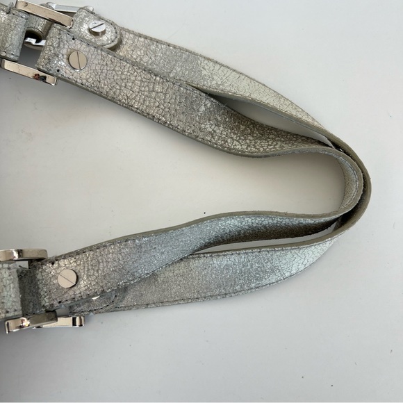 TORY BURCH Bombe Metallic Silver Shimmer Crackled Leather Shoulder Bag Tote - Picture 11 of 15